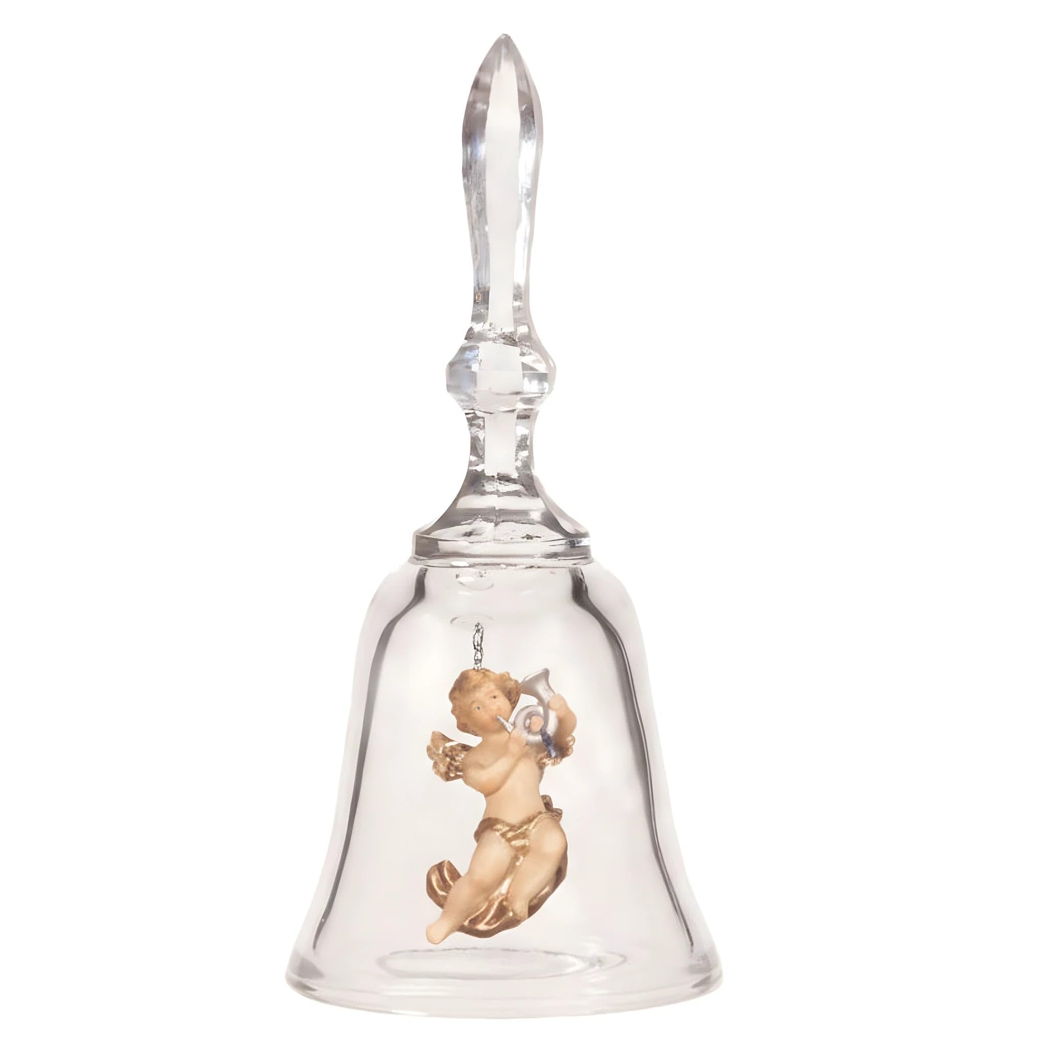 Dolfi | Crystal Bell with Angel and Horn 20 cm | Hand-Coloured Wood in Val Gardena | Nativity Figure