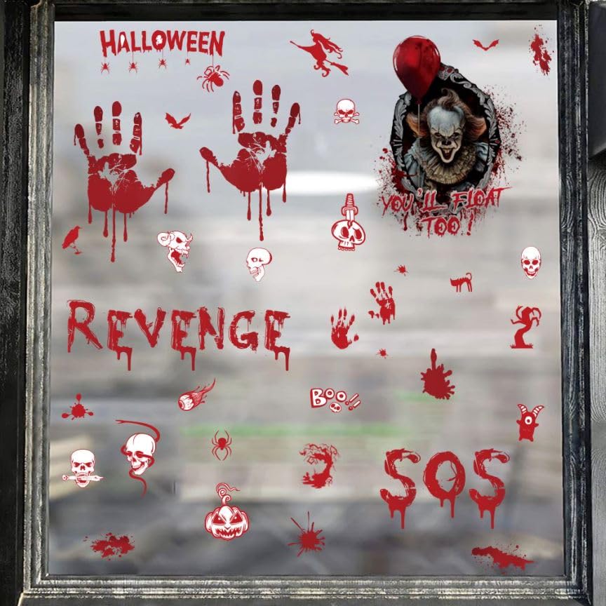 48Pcs Halloween Decorations: 4 Sheet Bloody Handprint & Footprint Stickers, Scary Window & Floor Clings with Tattoo Stickers