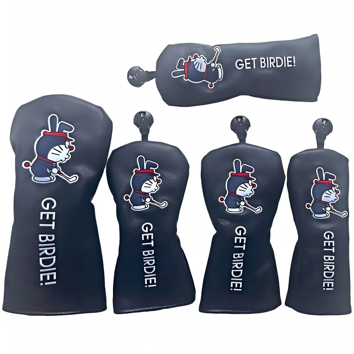 BADGEWOO GET BIRDIE! Set of 5, Golf Head Covers, Embroidered Design, PU Leather, Driver/Fairway Wood/Utility Compatible, U2-U6 Compatible, Includes Conversion Dag (Black 1.3.5. UT.UT 5-Piece Set) : Sp