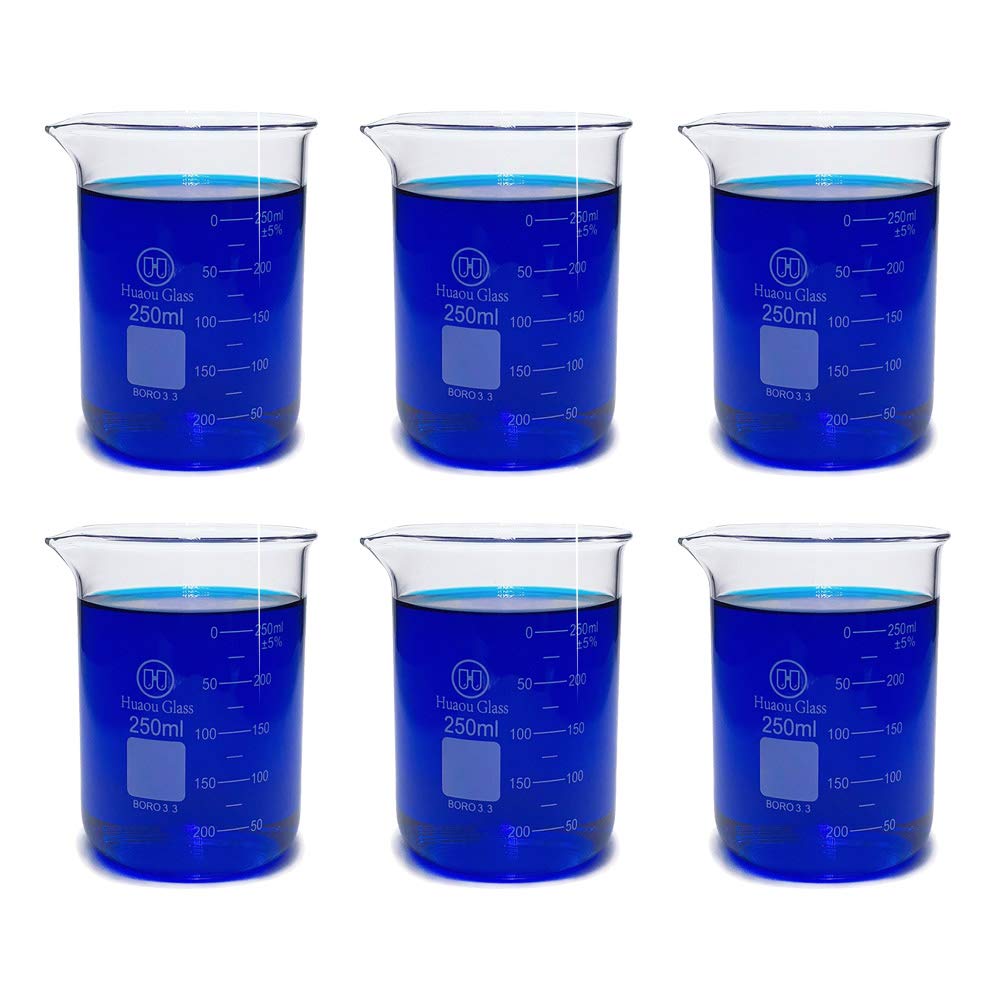 250ml Glass Measuring Low Form Beaker, Griffin Borosilicate 3.3 Glass with Printed Graduation, HUAOU, Pack of 6