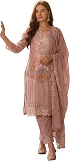 INDO ERA Women's Pure Cotton Lavender Floral Embroidered Sequinned Straight Kurta & Pant with Dupatta Set Price In India