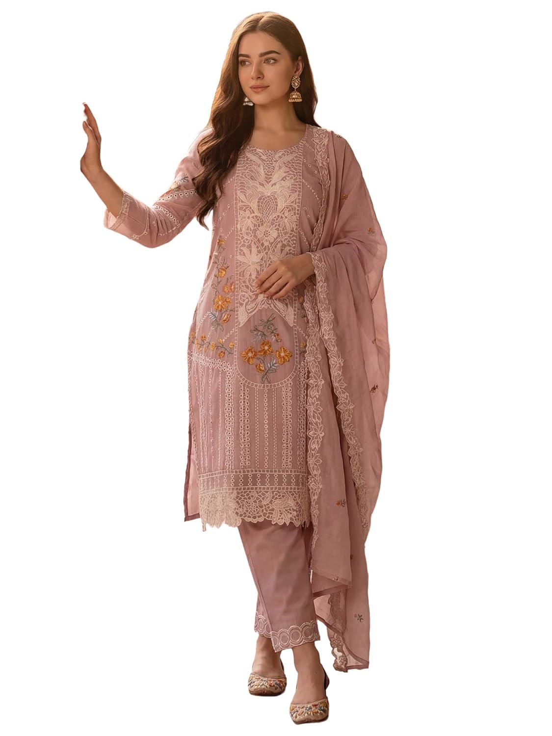 INDO ERA Women's Pure Cotton Lavender Floral Embroidered Sequinned Straight Kurta & Pant with Dupatta Set - Review, Price and Buying Guide
