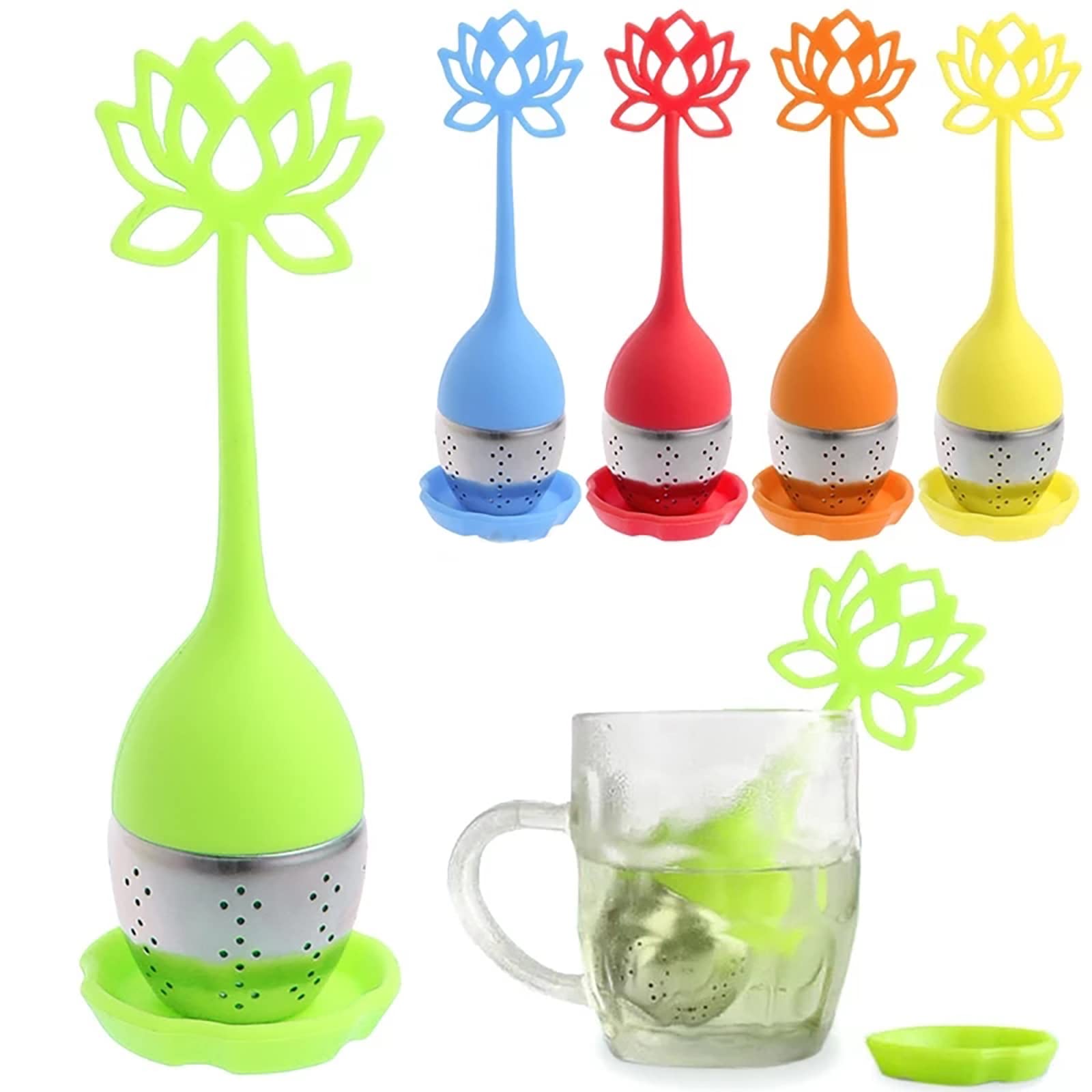 AubnICOTea Infusers 5 PCS with BPA-Free Silicone Leaf Handle and Drip Tray for all Loose Leaf Tea,2