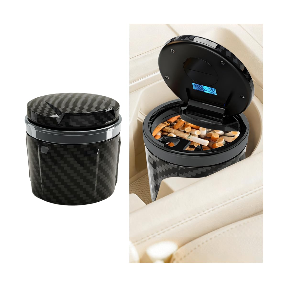 Car Ashtray with Lid, Smell Proof LED Light Carbon Fiber Vehicle Ash Tray for Cup Holder, Smokeless Detachable Automotive Interior Cigarette Trash Can, Universal for SUV RV Sedan (Gray)