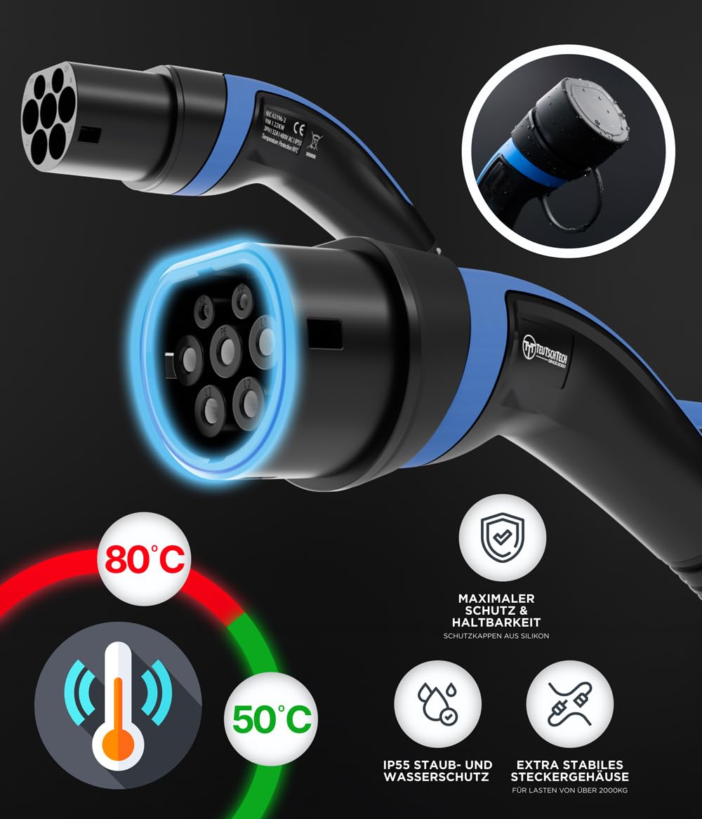 TEUTSCHTECH, cavo di ricarica tipo 2 – 25 m 11 kW 16 A 3 fasi modalità 3 – Cavo di ricarica EV per Wallbox & stazione di ricarica – Auto elettrica & Plug-in Hybrid – con monitoraggio della temperatura
