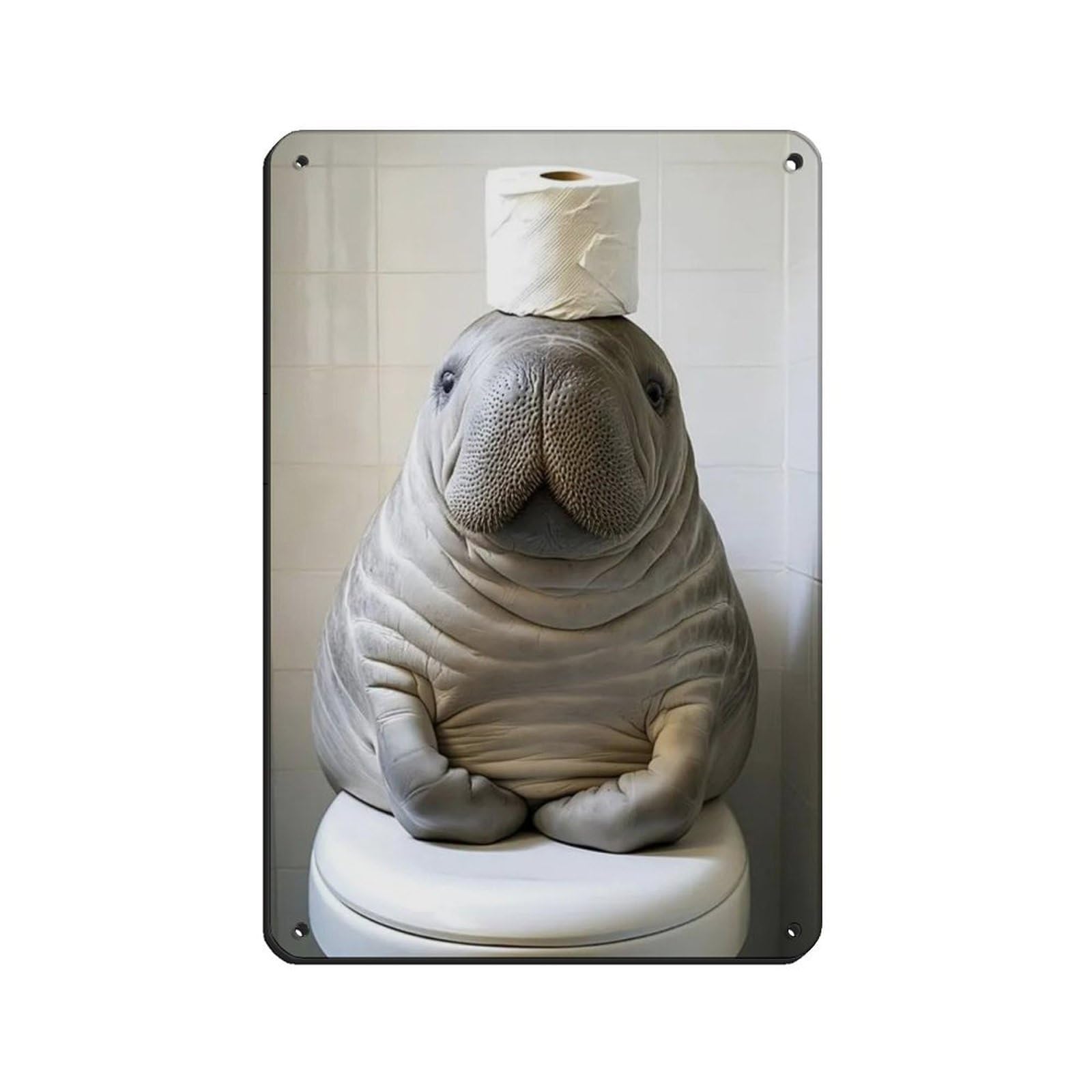 Manatee with A Toilet Paper Roll on Head Tin Sign Vintage Metal Pub Club Cafe Bar Home Wall Art Decoration Poster Retro 8x12inch(20x30cm)
