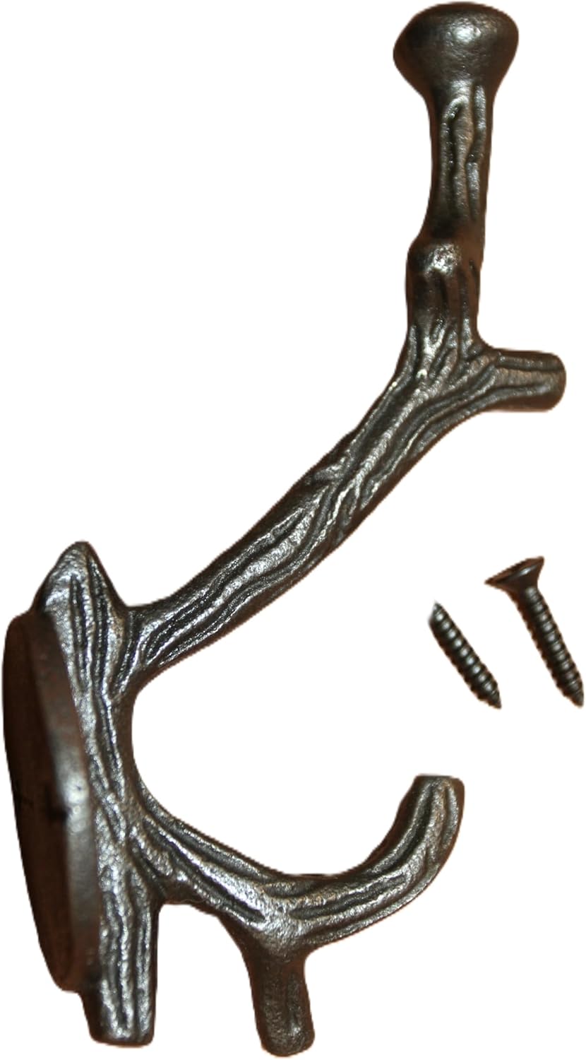 6 - Tree Branch Double Wall Hook, Burnished Matte Finish, Decorative Cast Iron Design, 1.5 x 4.75 Inches, with Mounting Screws, H-146I