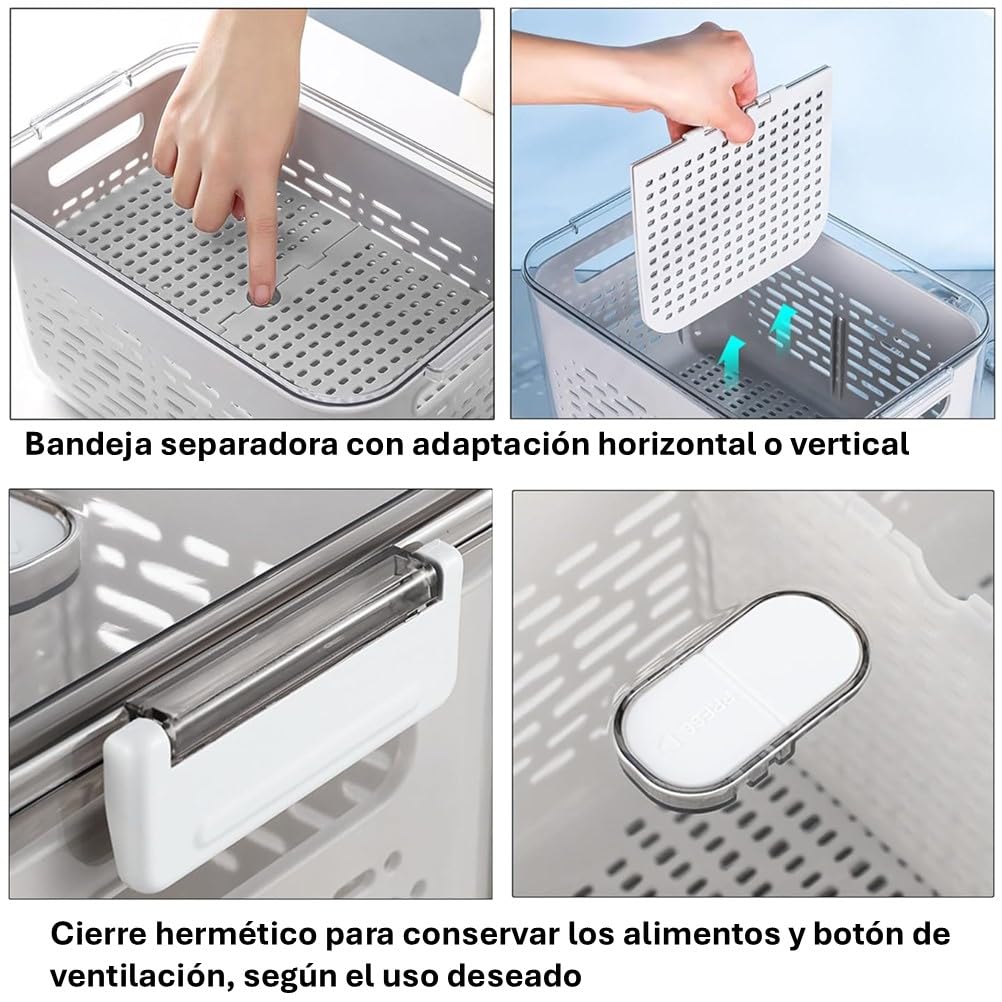 Katalia Organizador Nevera Frigorifico Cocina Multifuncional Cesta Escurridor y Almacenamiento de Alimentos con Tapa Material Resistente BPA-Free Transparente y Gris