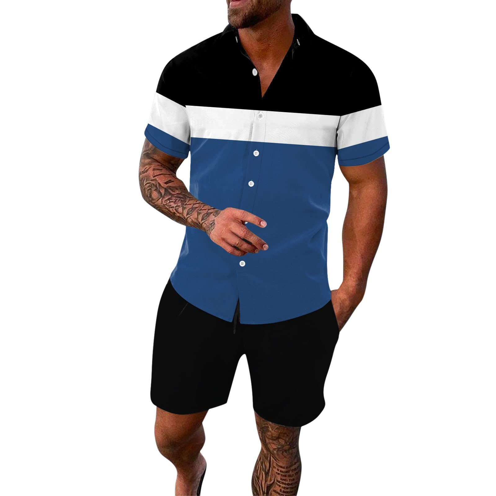 UYEAJNPMen's Hawaiian Matching Set Short Sleeve Button Down Color Block Shirts 2 Piece Tropical Holiday Beach Aloha Outfits