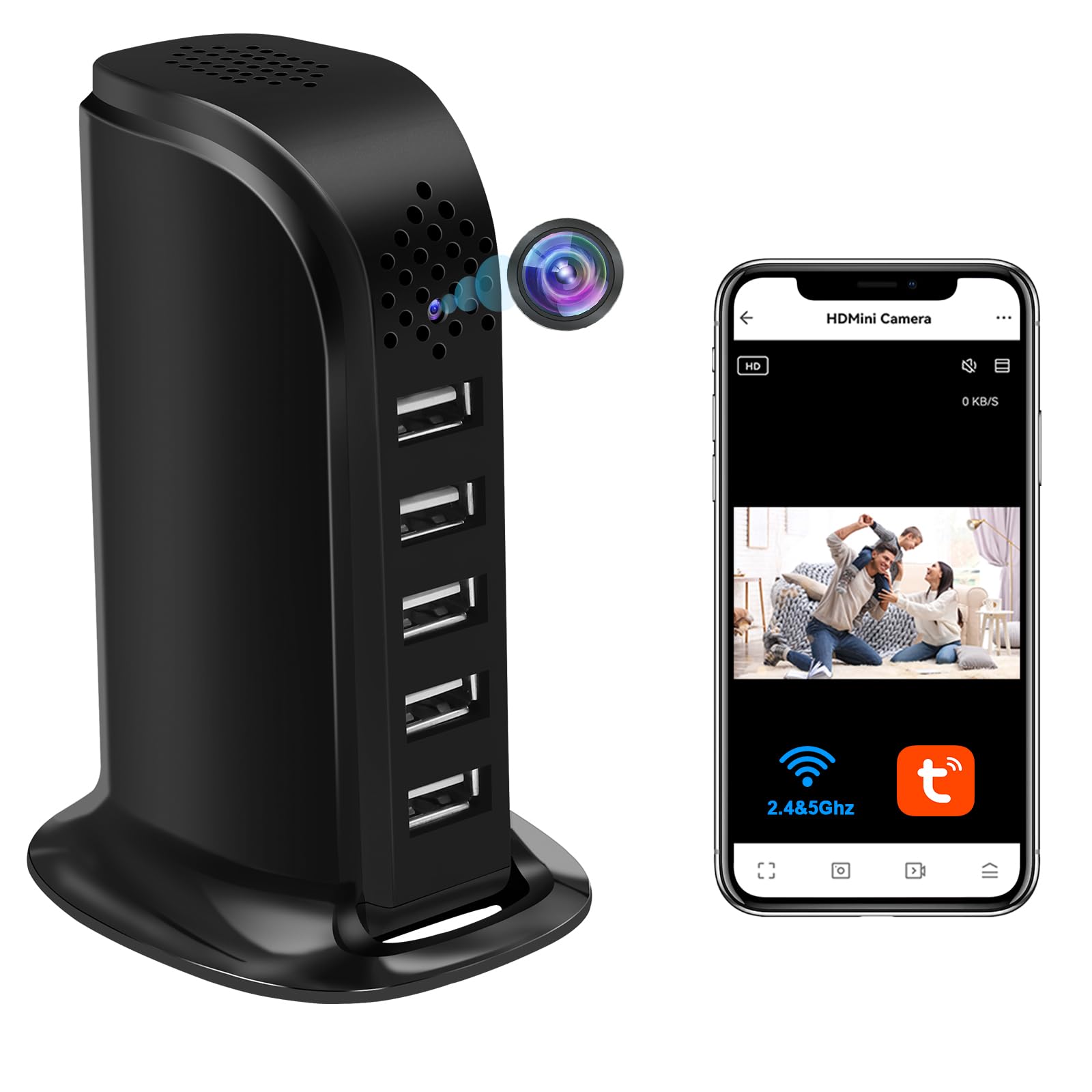 Caméra Espion WiFi 2.4 & 5G, Chargeur USB à 5 Ports avec Mini Caméra Espion Cachée, HD 1080P Micro Camera Cachée WiFi Supportant la Détection de Mouvement et l'enregistrement en Boucle