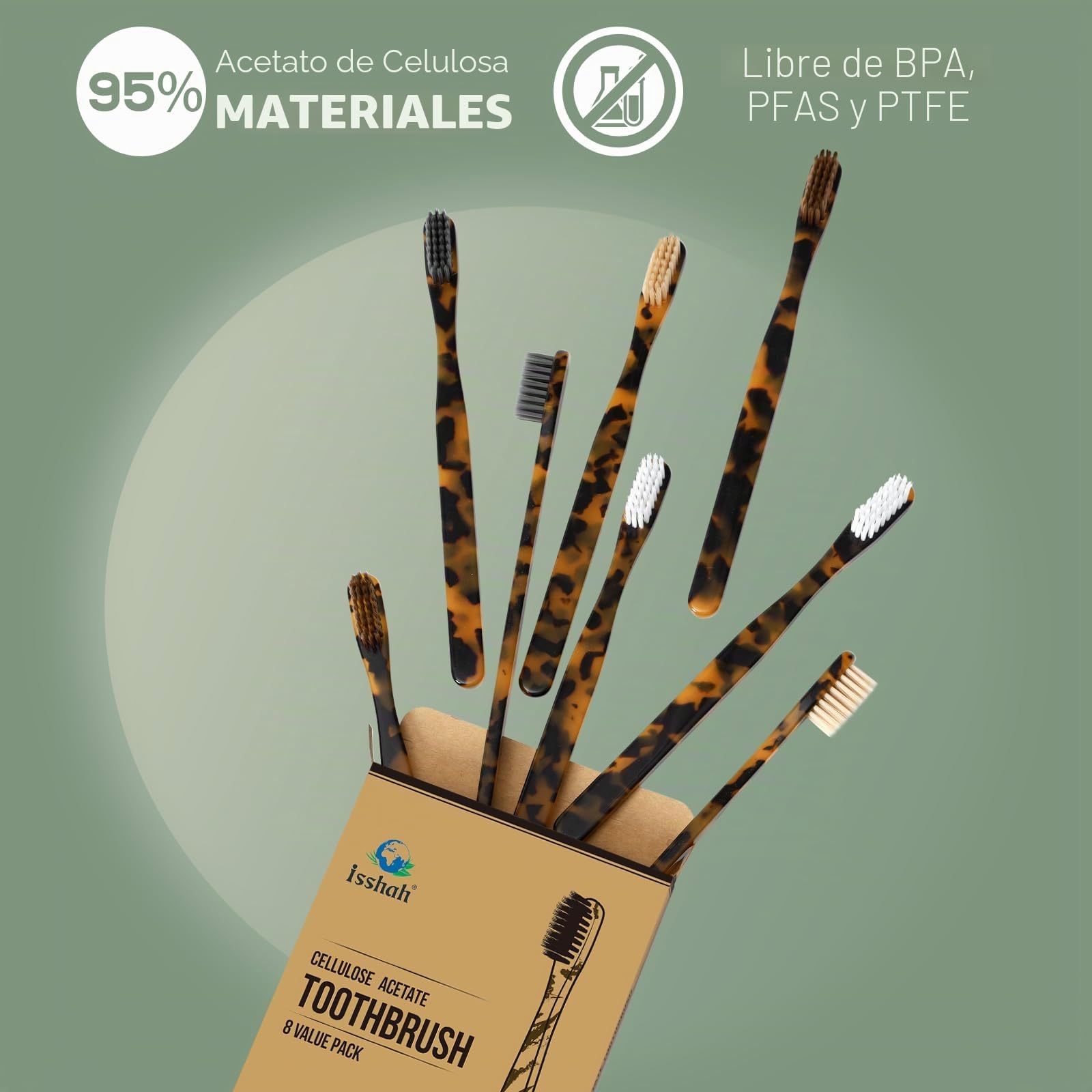 Isshah Cepillos de dientes biodegradables y ecológicos de acetato de celulosa, 8 unidades
