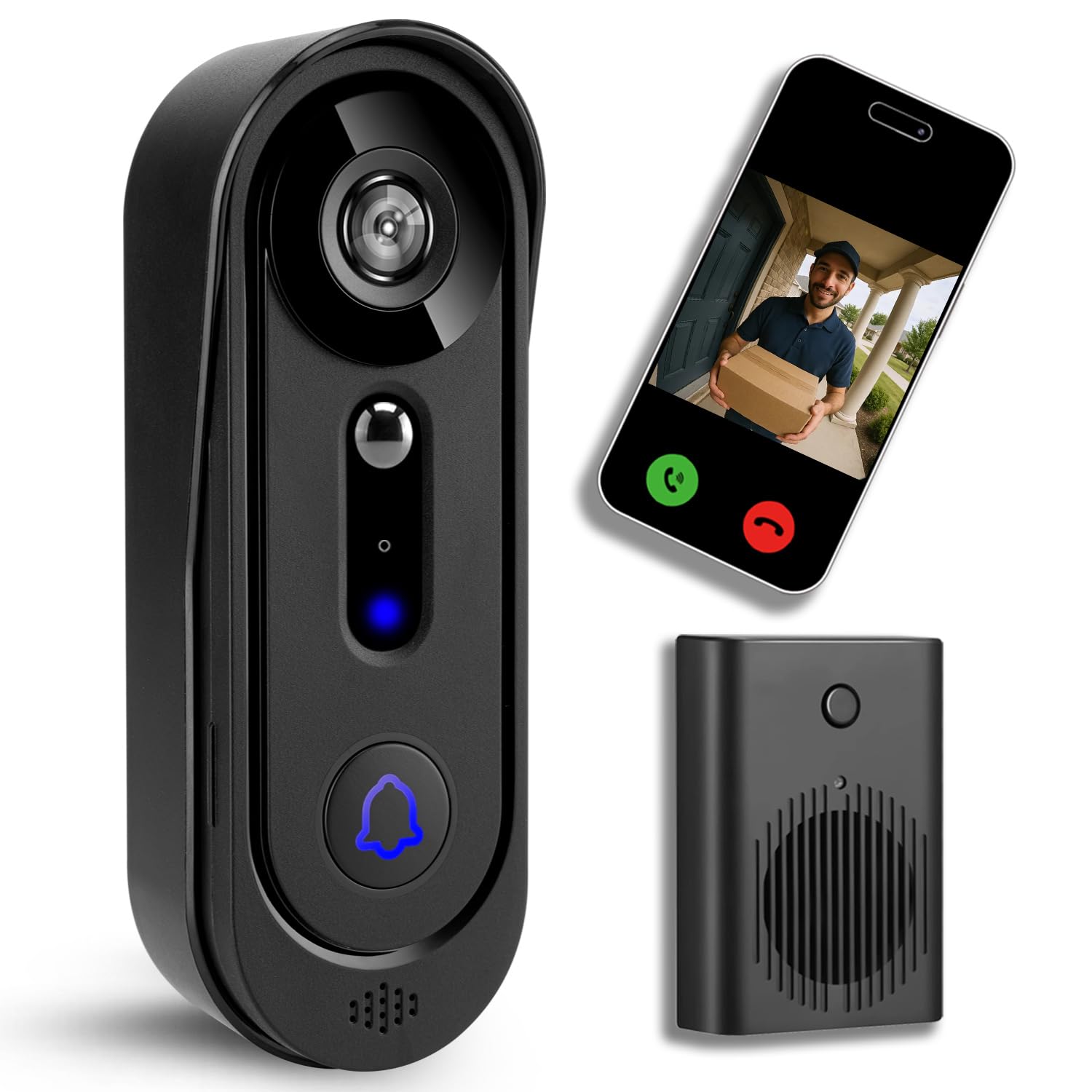 Video Doorbell Camera Wireless with chime,Night Vision, 2-Way Audio, PIR Motion Detection, 2.4Ghz WiFi,Real-Time Alert, Only Cloud Storage (Black+Chime)