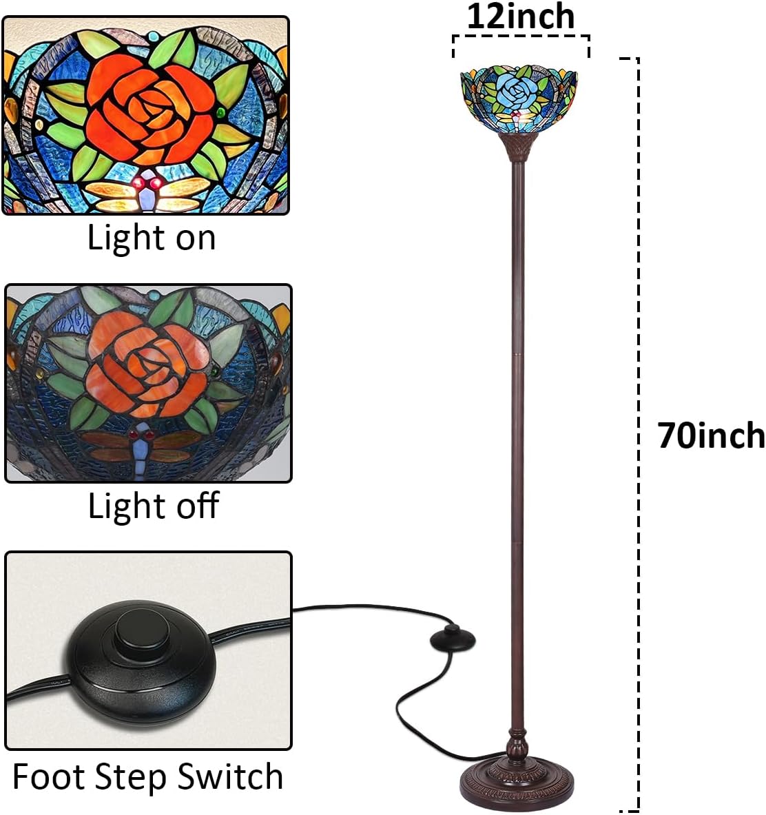 70" Tiffany Torchiere Floor Lamp - Antique Style Dragonfly & Rose Stained Glass Corner Standing Light for Living Room, Bedroom & Home Office