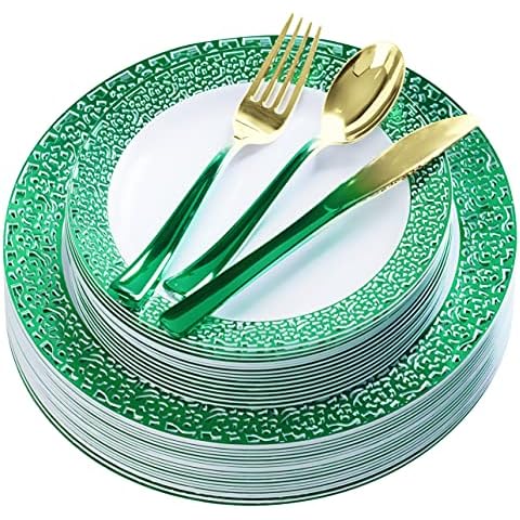 FOMOICA Lime Green Plastic Plates and Light Green Gold Silverware - 125 Pcs Disposable Premium Plastic Dinnerware Set – Reusable Dinner Plates Cutlery set – Birthday Parties, Halloween, Christmas Cover