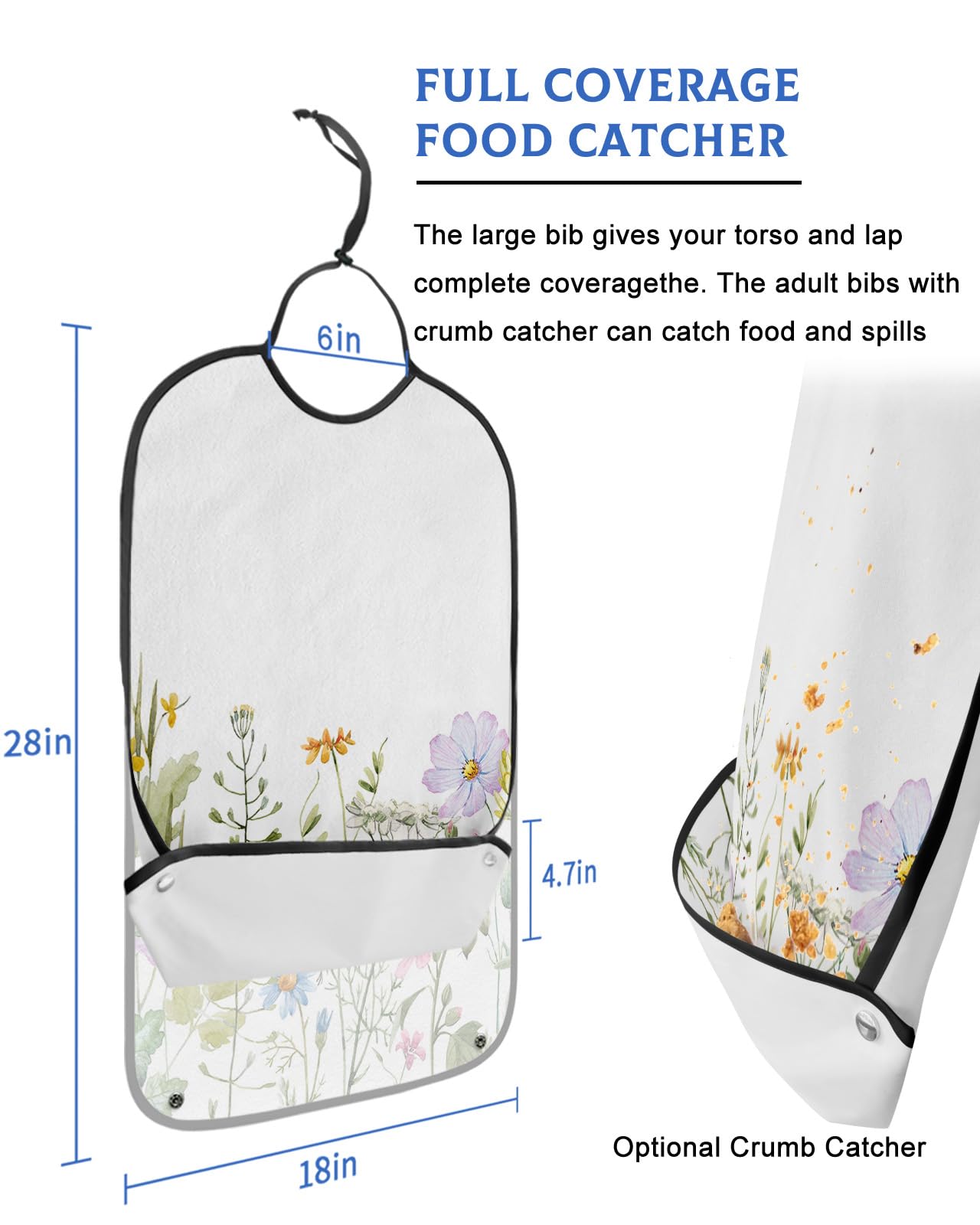 Spring Floral Adult Bibs for Eating, Waterproof Bibs with Food Catcher & Adjustable Snap Closure, Rustic Summer Tropical Colorful Flower Washable Clothing Protectors Adult Bibs for Elderly Women/Men