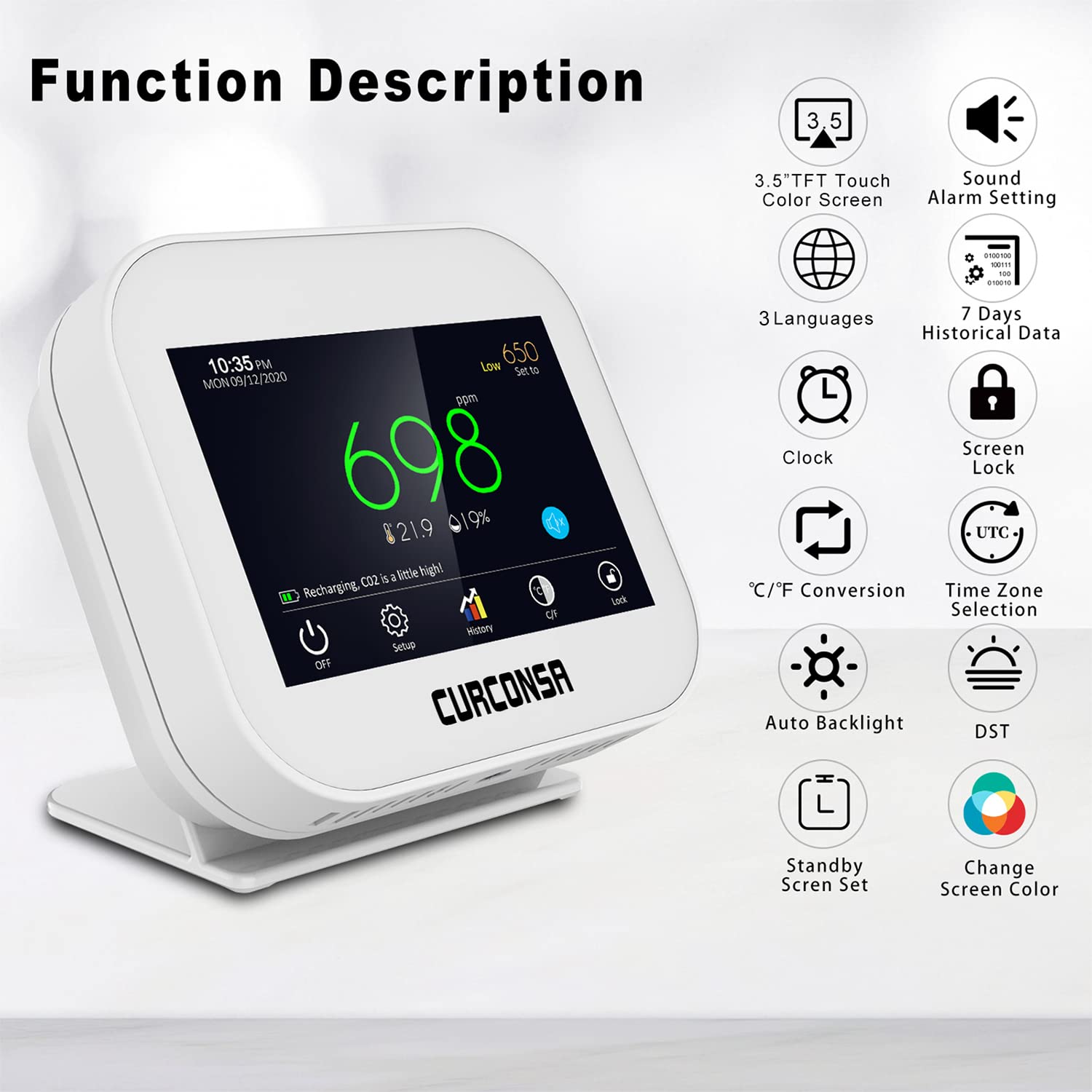 Détecteur de CO2 CURCONSA, Capteur de CO2 NDIR à Double Canal, Stockage et Exportation de Données, Écran Tactile, Mesure CO2 Température et Humidité, Alimentation Externe Obligé via port USB, Blanc