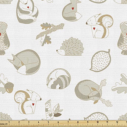 Ambesonne Woodland Fabric by The Yard, Various Forest Animals and Acorns, Decorative Fabric for Upholstery and Home Accents, 1 Yard, Dark Eggshell Pearl
