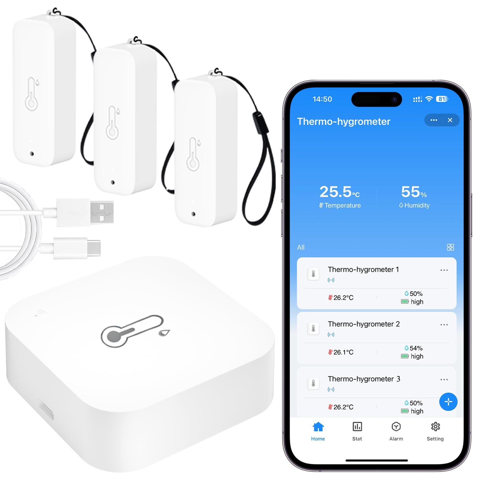 WLAN Thermometer Hygrometer mit App, 150m Reichweite für Innen Außen, Tuya Smart Life kompatibel für Gewächshaus Weinkeller, 3 Sensoren + Basisstation