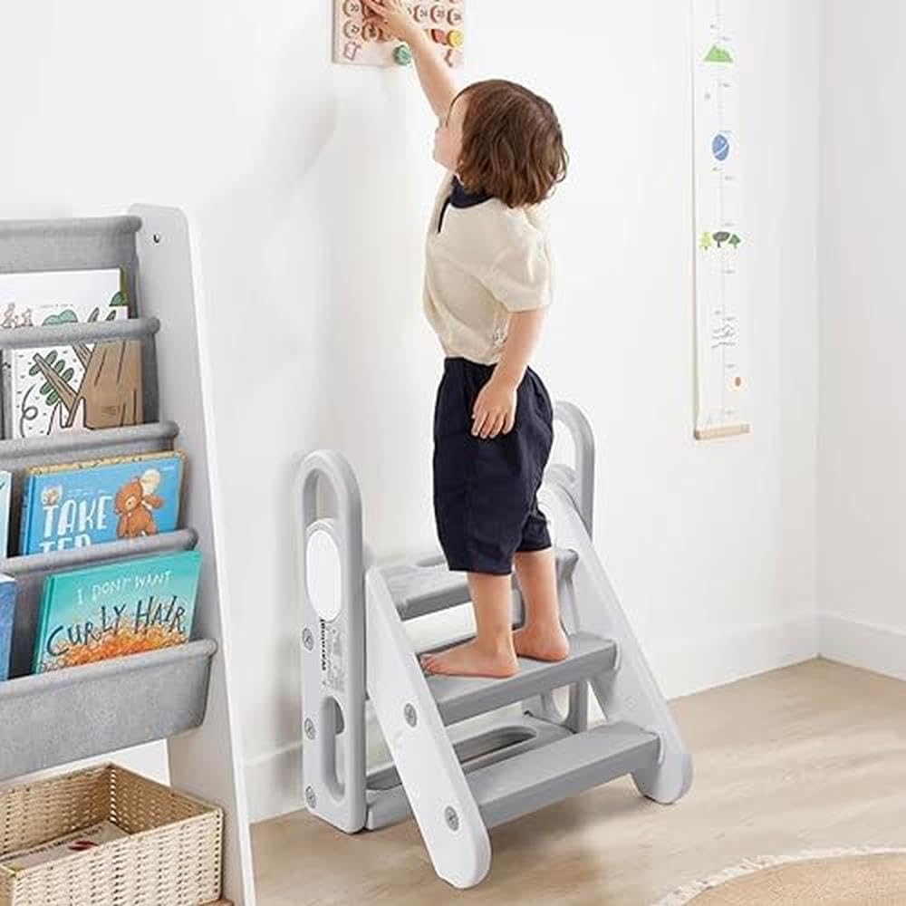 Adjustable 3-Step Toddler Stool - Foldable Learning Assistant with BPA-Free Plastic, Anti-Slip Pads, and Comfortable Handrails for Potty Training, Kitchen, and Bathroom Use
