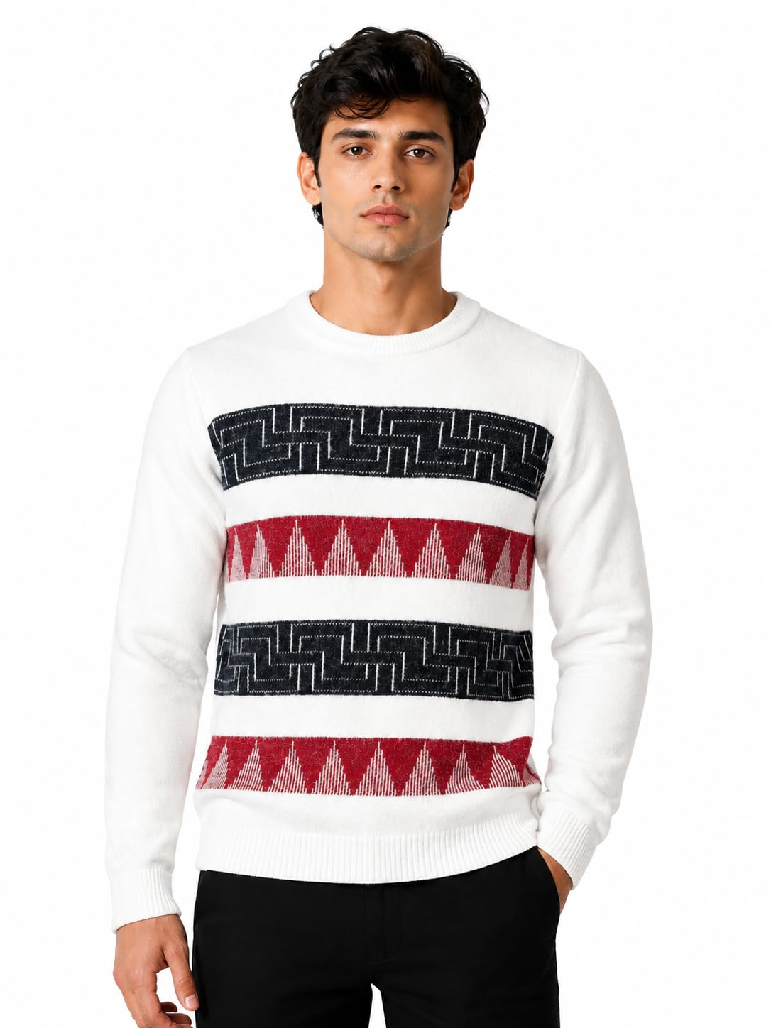 Men's Self Design Round Neck Full Sleeve Soft Knit Winter Pullover | Regular Fit Casual Geometric Pattern Sweater for Men-Red-M-image-2