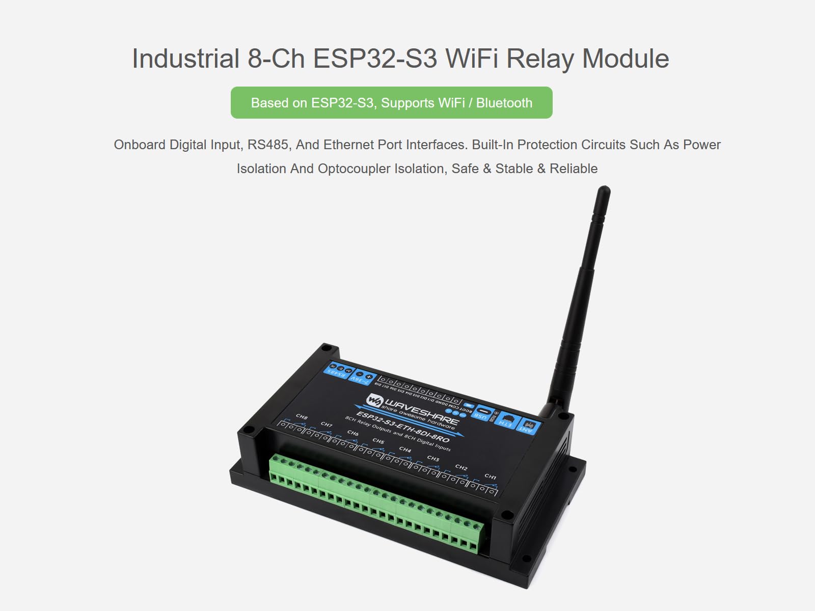 Módulo de relé WiFi industrial ESP32-S3 de 8 canales, RS485 integrado, entrada digital, relé, puerto Ethernet y múltiples circuitos de protección de aislamiento, soporta RS485 y control remoto