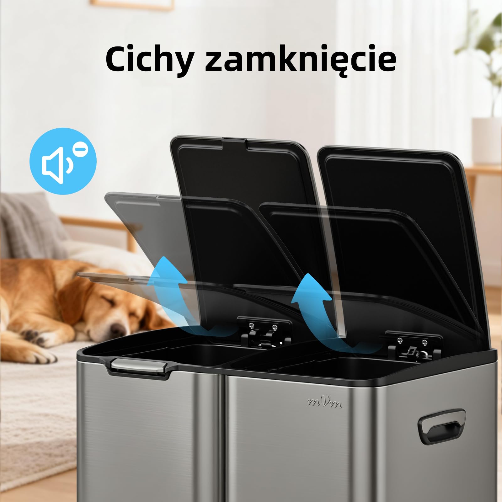 mVm Kosz na Śmieci do Segregacji Odpadów 60L 3 Komory, Stal Nierdzewna, Duża Pojemność, Kosz Kuchenny z Pokrywą Soft Close, Nowoczesny Pojemnik do Recyklingu