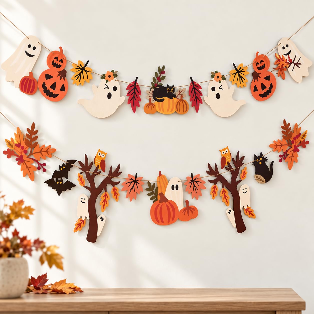 2PCS Cute Halloween Fall Garland Ghost Pumpkin Banner 8.2ft | Halloween Fall garland with Ghosts, Pumpkins, Black Cats and Autumn Leaves for Kid-friendly Party Decor