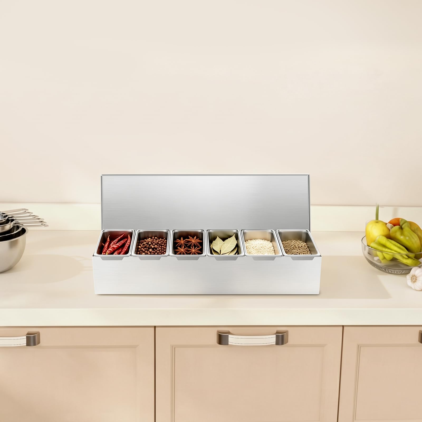 Dispensador de especias apilable de acero inoxidable con 6 compartimentos | 46 × 15 cm, caja de almacenamiento de acero inoxidable para alimentos, para cocina y buffet