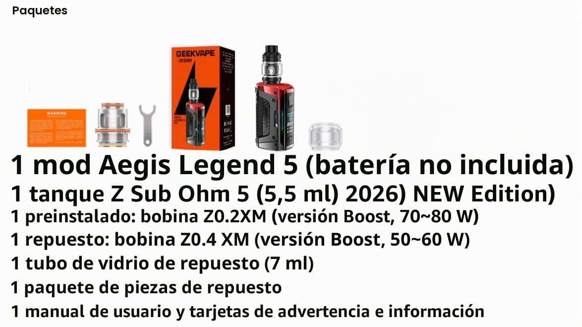 GEEKVAPE Aegis Legend 5 Kit | 200W Aegis Legend 5 TC Box Mod + 5,5 ml GeekVape Z Sub Ohm Tank Z0.15 XM + 0.4 XM Coil Vape, sin nicotina