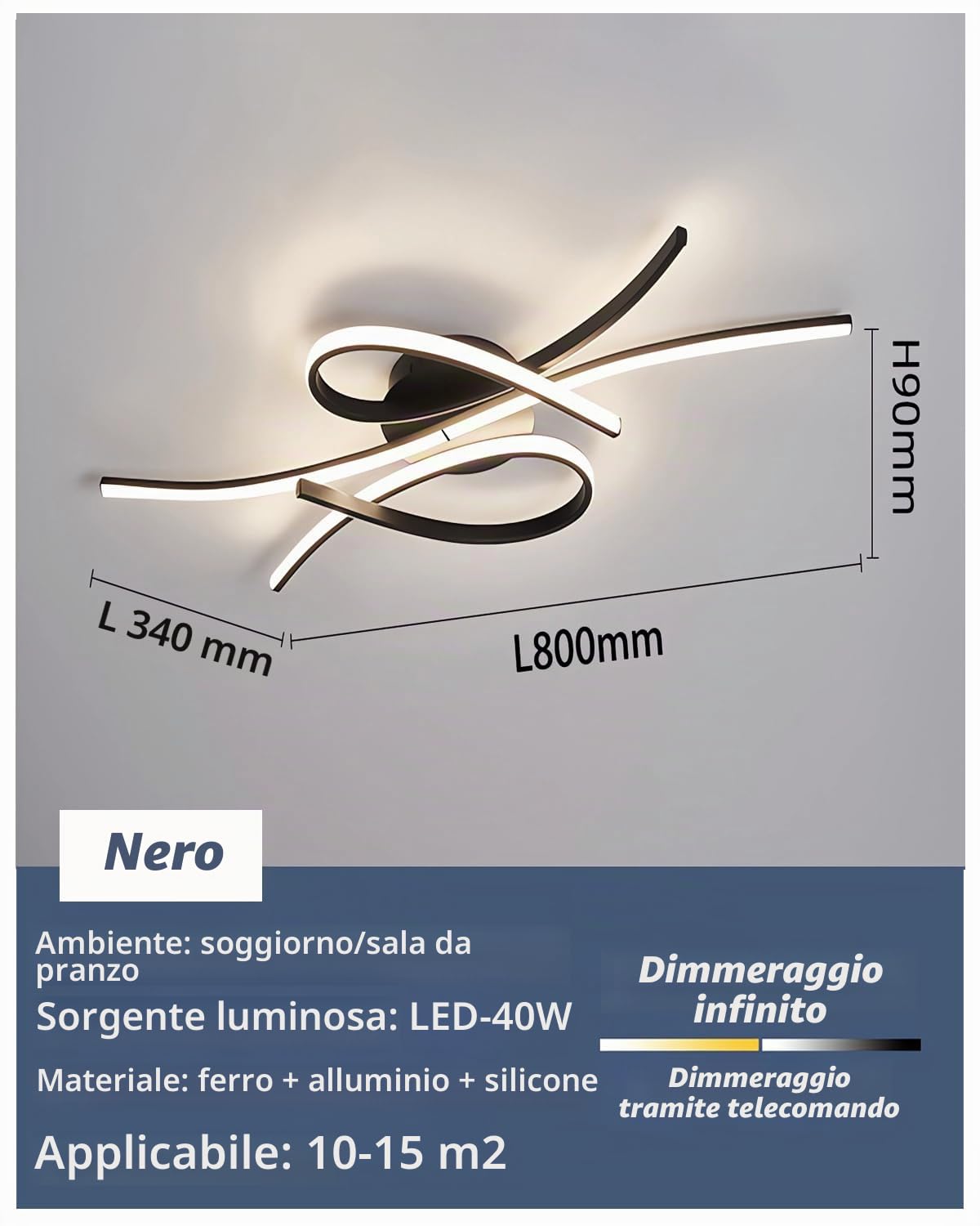 Lampada soffitto LED con note musicali,luci moderne per camera da letto,plafoniera dimmerabile,lampada camera letto dal design creativo in alluminio,per soggiorno,sala da pranzo (Nero, 80CM)