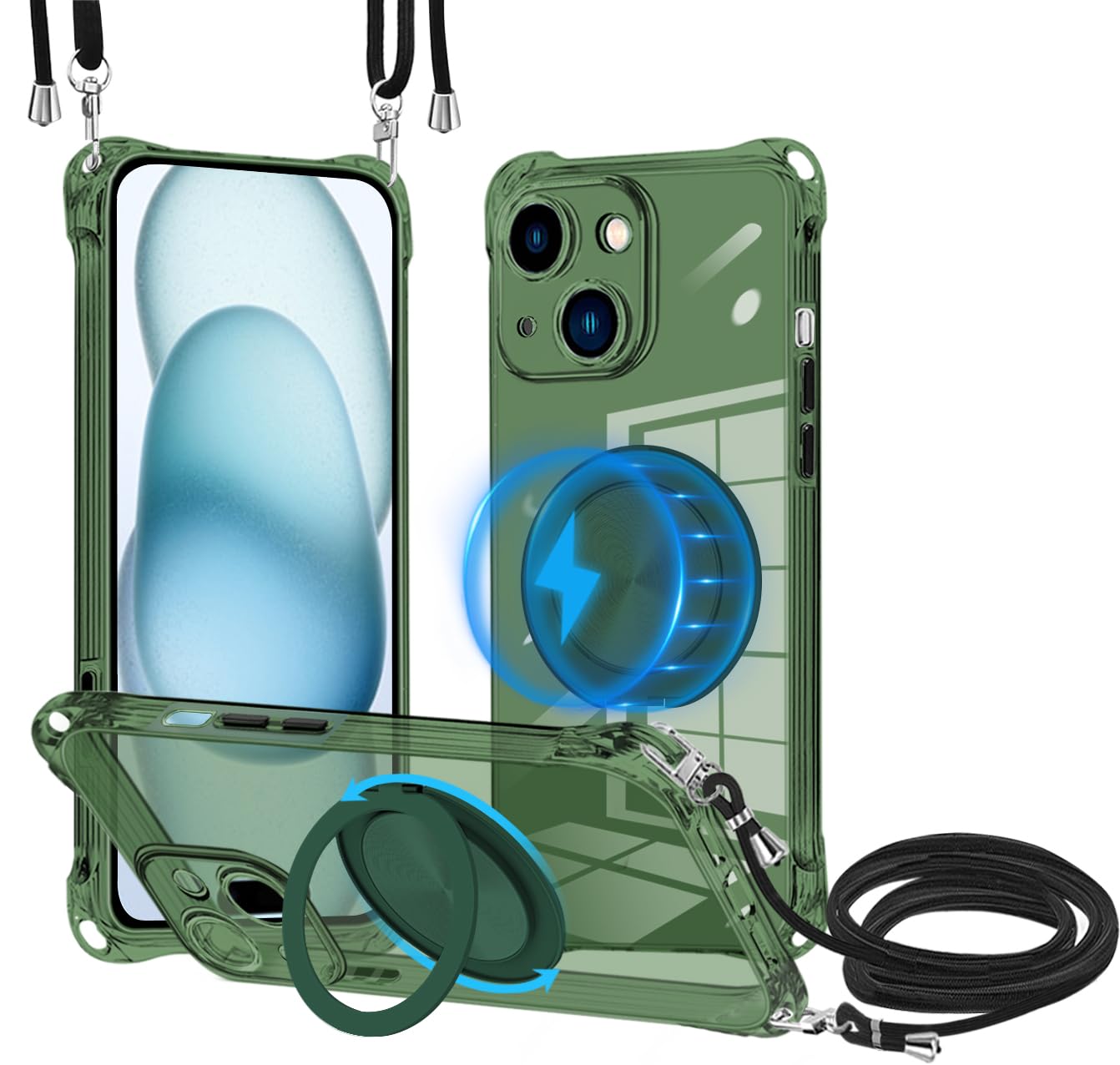 iPhone 15plus ケース クリア MagSafe対応 360度回転 リング ブラケットワイヤレス 充電可能 iPhone 15plu ひも 斜掛け設計ストラップ着脱 調節可能 耐衝撃 TPU 薄材質ブラケットサポート横縦画面 車載対応 全方位保護便利