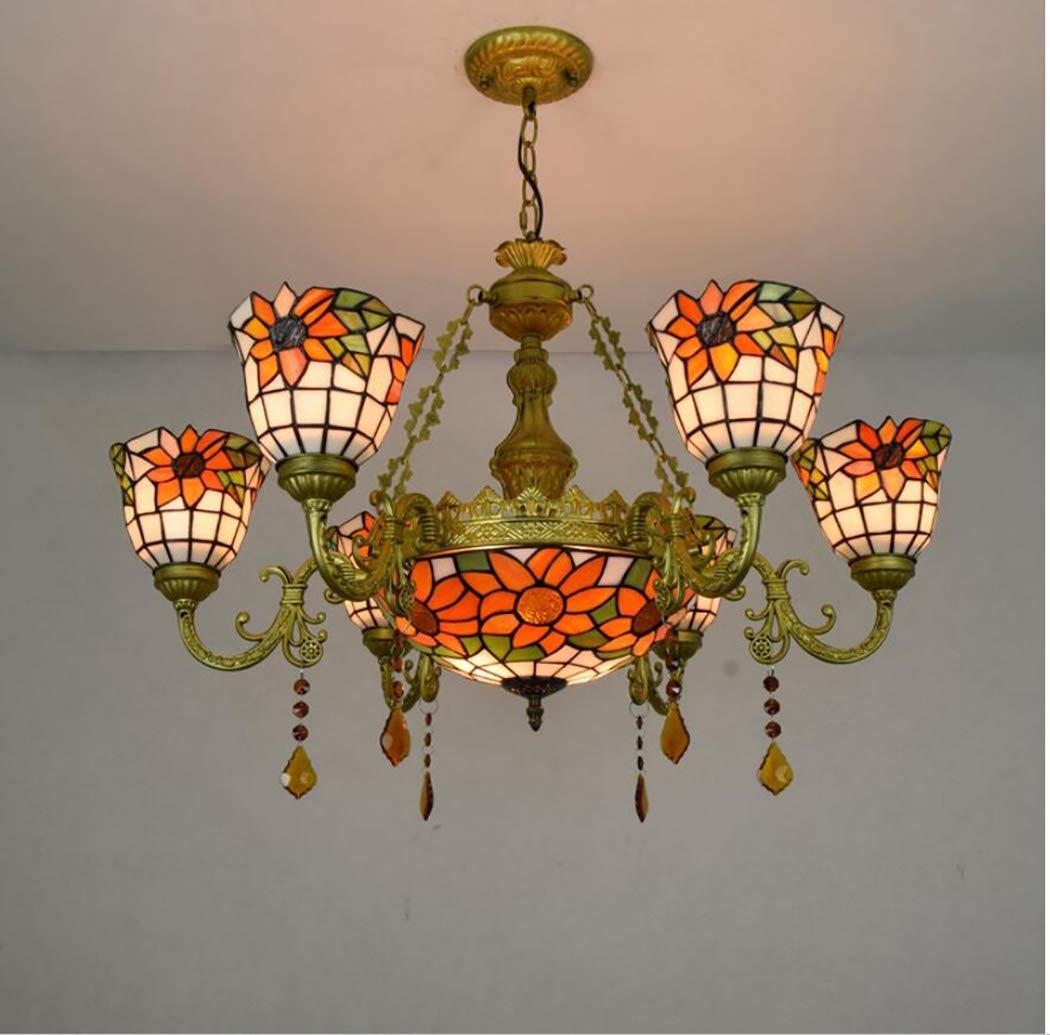 YNIYUJKL Retro Ceiling Lighttiffany-Style Chandelier Vintage Stained Glass Inverted Ceiling Pendant Lamp Fixture For Living Room Villa-A