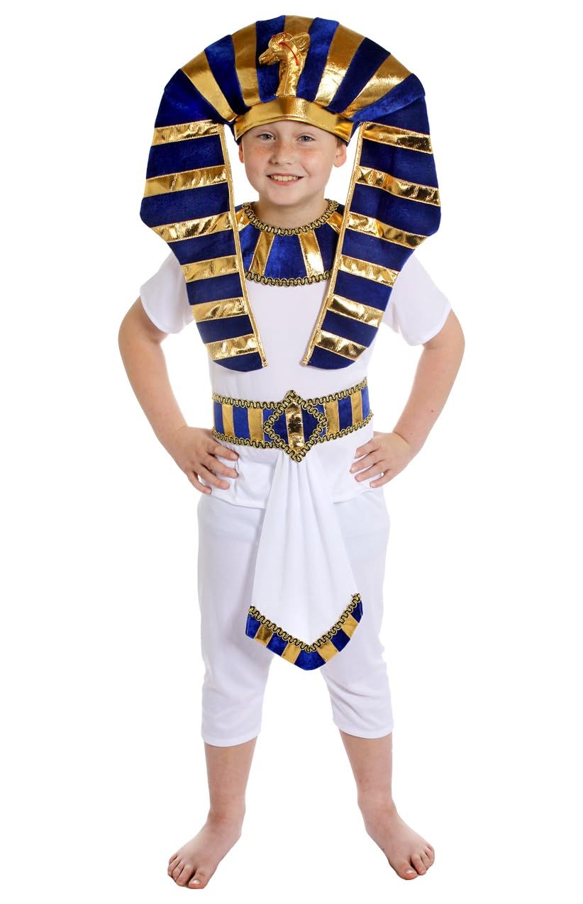 I LOVE FANCY DRESS Boys Egyptian Costume Dress With Matching Large Head Piece And Detail Belt (EGYPTIAN-PT_White & Blue_Medium_7-9 Years) (B0C9D79PQX) Amazon Price History, Amazon Price Tracker