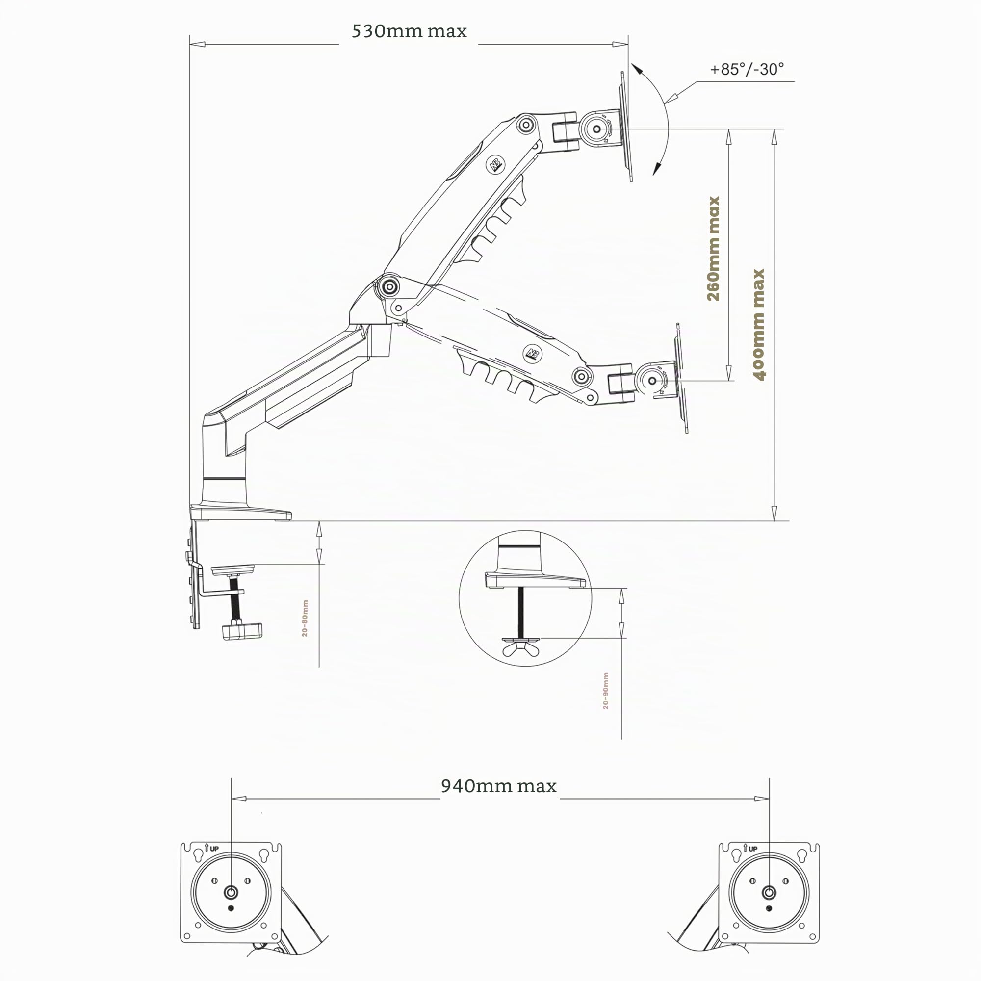 Ergosolid Supporto da scrivania per 2 Monitor PC LCD LED 17" - 27" Regolazione in più Assi, Girevole, Molla a Gas Fino a 2 x 9 kg