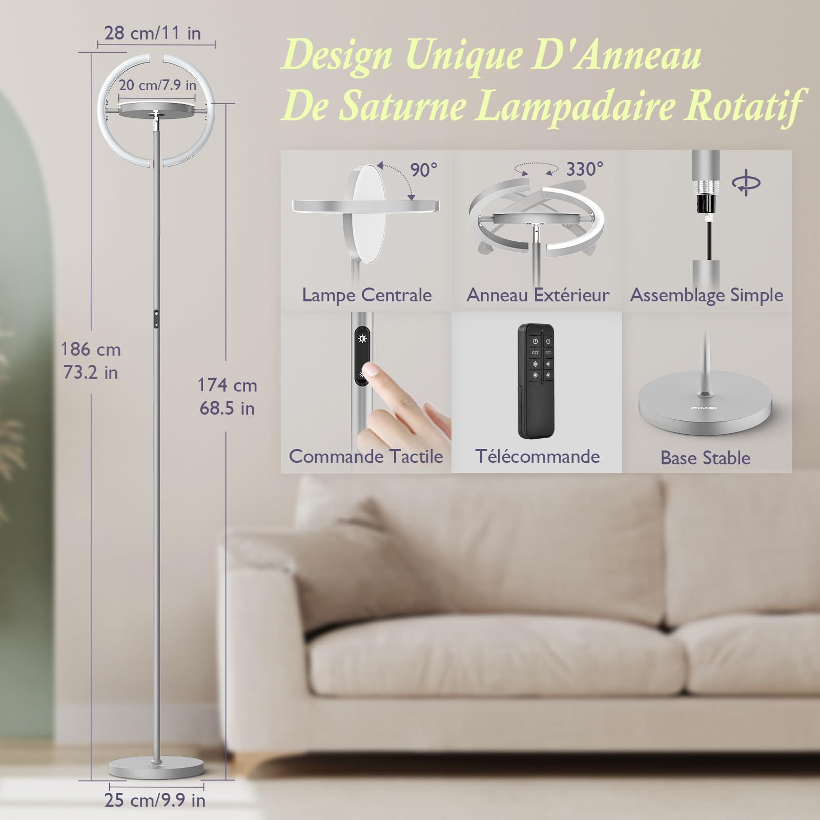 FIMEI Lampadaire, 3000K-6000K Température de Couleur & Gradation Continue, Avec Télécommande et Commande Tactile, Lampadaire Led sur Pied pour Salon, Lumière Centrale Vers le Haut, 36W