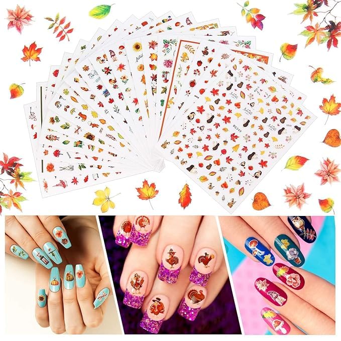 H-Style Store 18 Sheets Autumn Nail Art Sticker Thanksgiving 3D Nail Self-Adhesive Free Tweezer-image-41