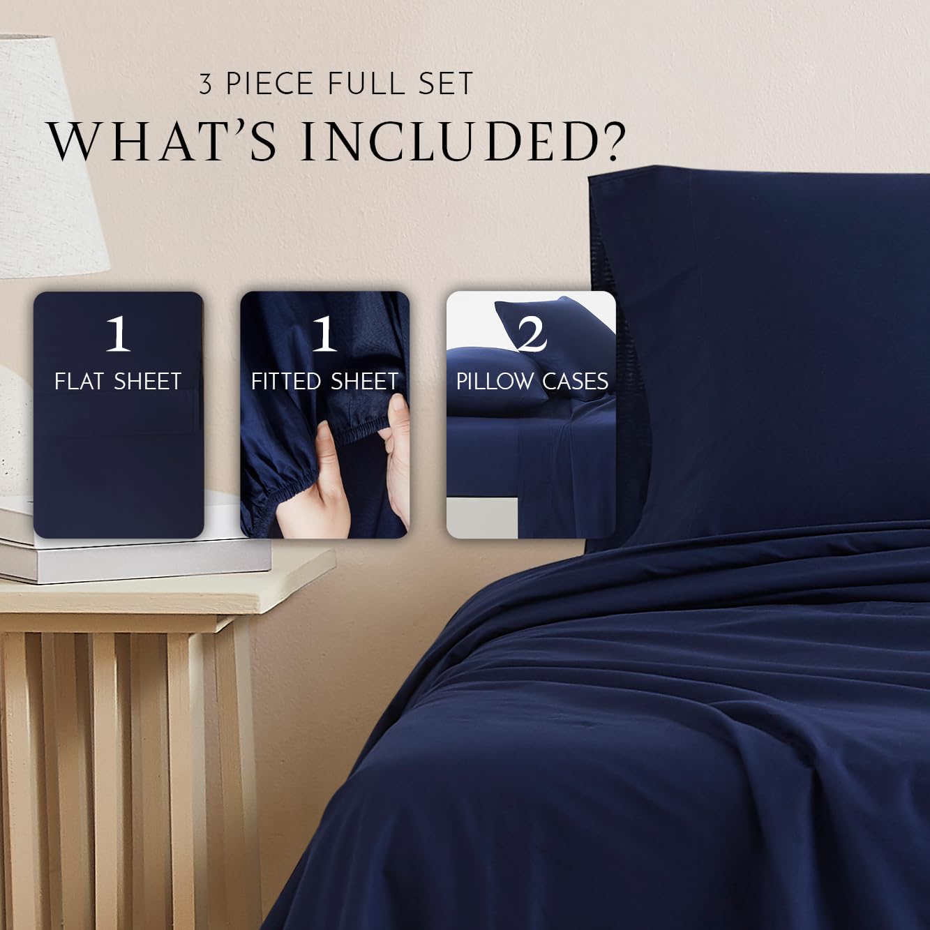 Linen Closet Luxury Cotton 144 Thread Count Organic Cotton 4-Piece Sheet Set, Full, Navy - Image 2