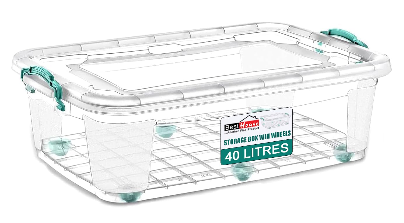 Best House | Plastic Storage Box with Lid and Wheels | Size 40L(L:72.4cm W:47.5cm H:19.3cm) | Set of 1 | Stackable Clear Durable Multipurpose Underbed Toys Tools Crafts Household(Large)-40 Litres