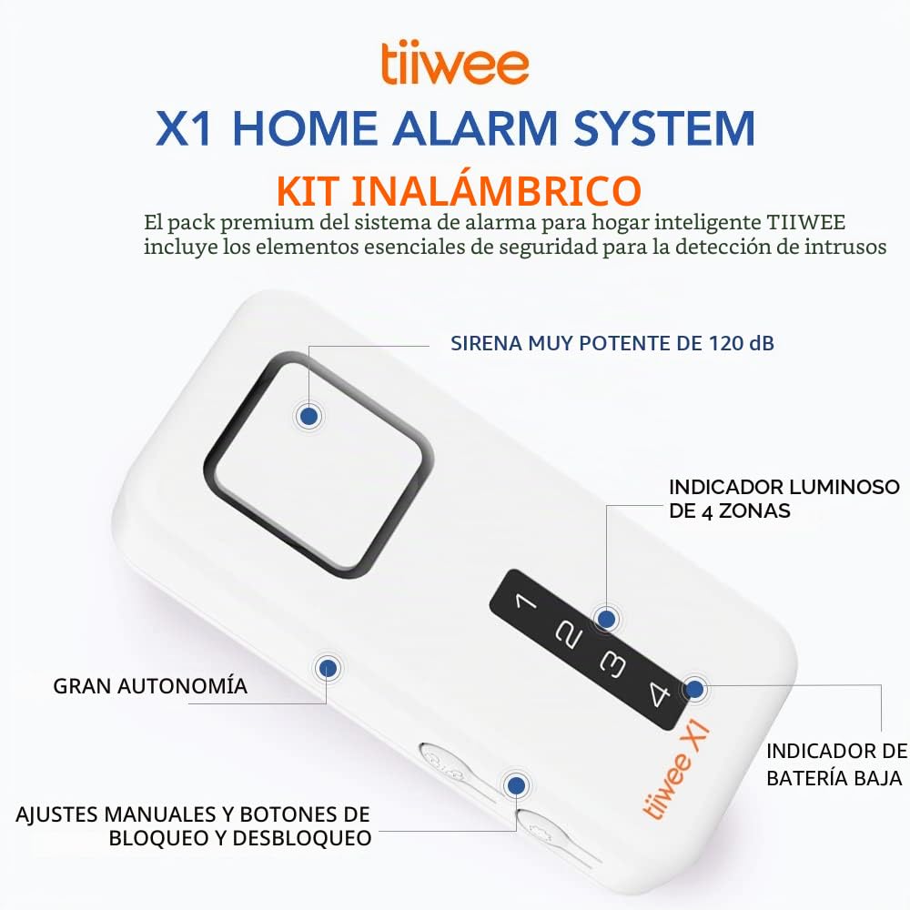 tiiwee X1 Sistema de Alarma para el Hogar - Inalámbrico - Sirena de 120 dB, 4 Sensores de Puerta y Ventana y 2 Controles Remotos