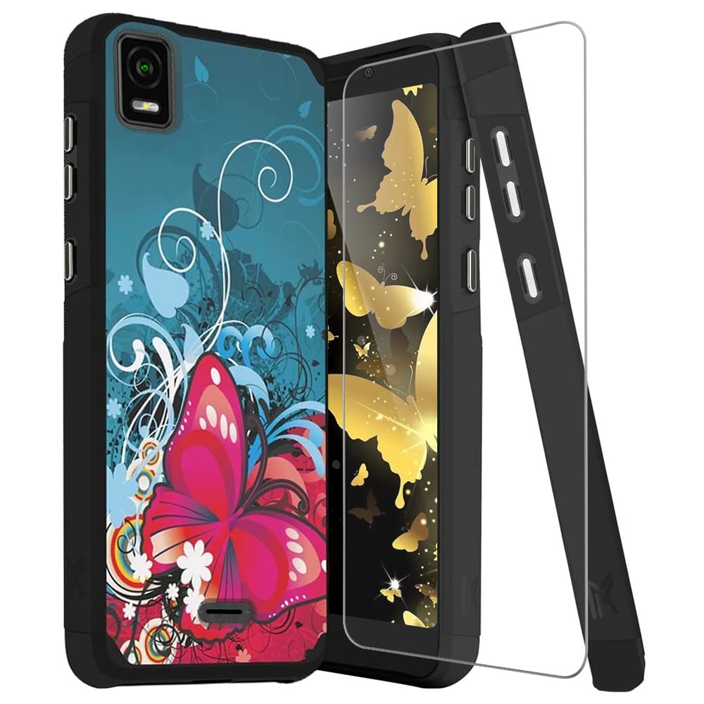 TJS Compatible with Cricket Vision Plus 2022 Case, Cricket Emmett Case, with Tempered Glass Screen Protector, Dual Layer Hybrid Shockproof Protection Cover Phone Case (Butterfly Bliss)