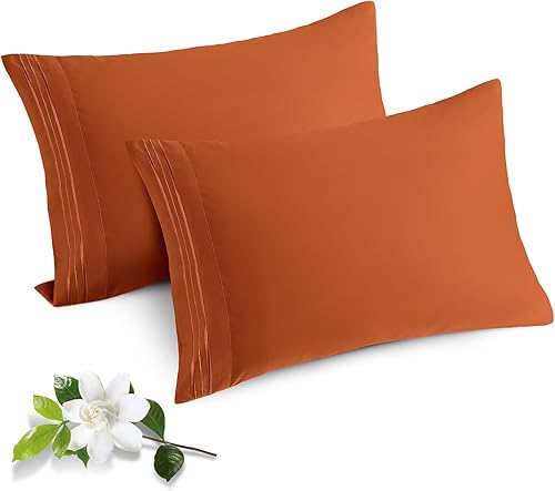 Paquete de 2 fundas de almohada de microfibra de tamaño estándar, color naranja quemado con cierre de sobre, 1800 hilos, fundas de almohada suaves y
