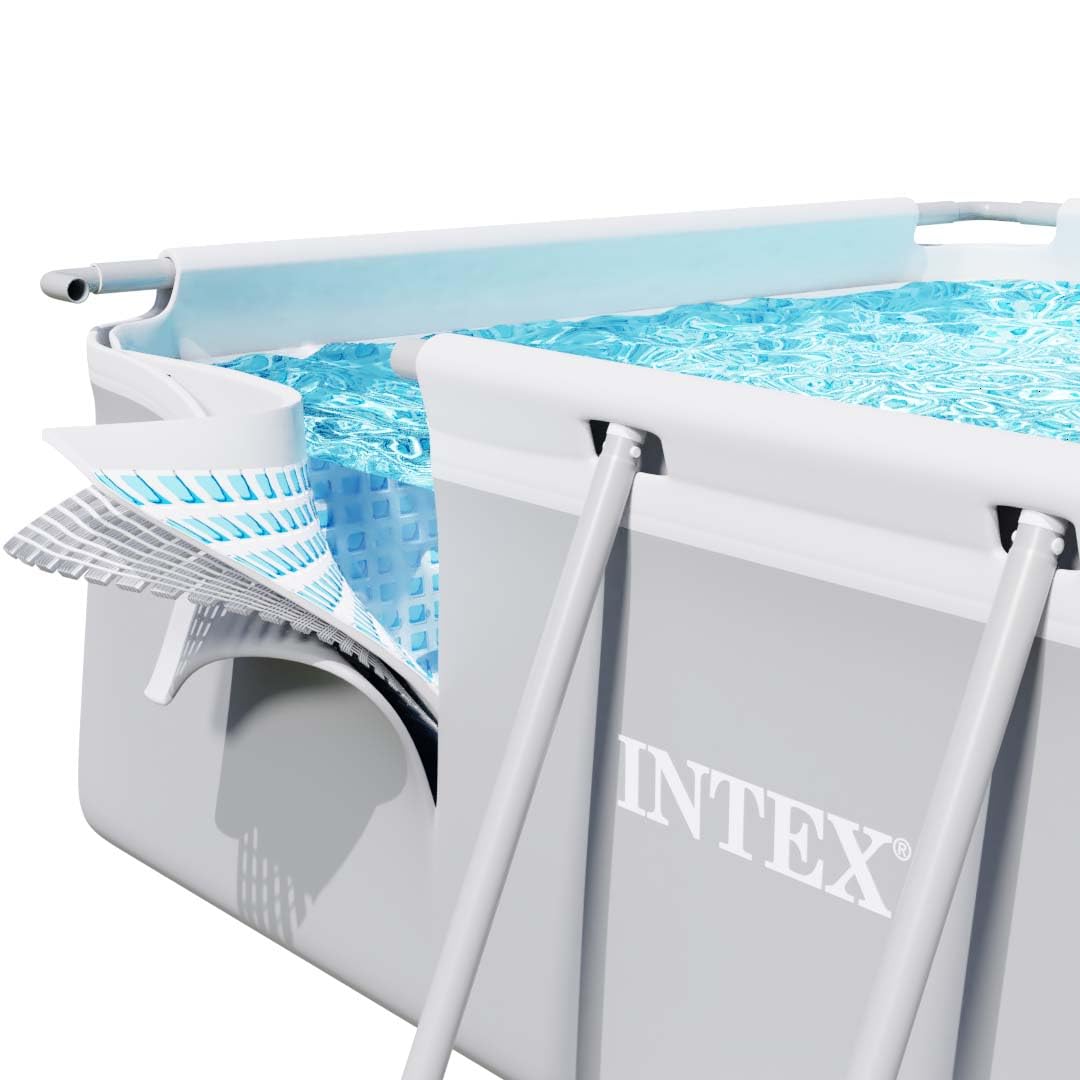 INTEX PrismFrame Pool rechteckig Aufstellpool Komplettset 400 x 200 x 100 cm 12V Filterpumpe Sicherheitsleiter Familienpool Swimmingpool 6836l blau