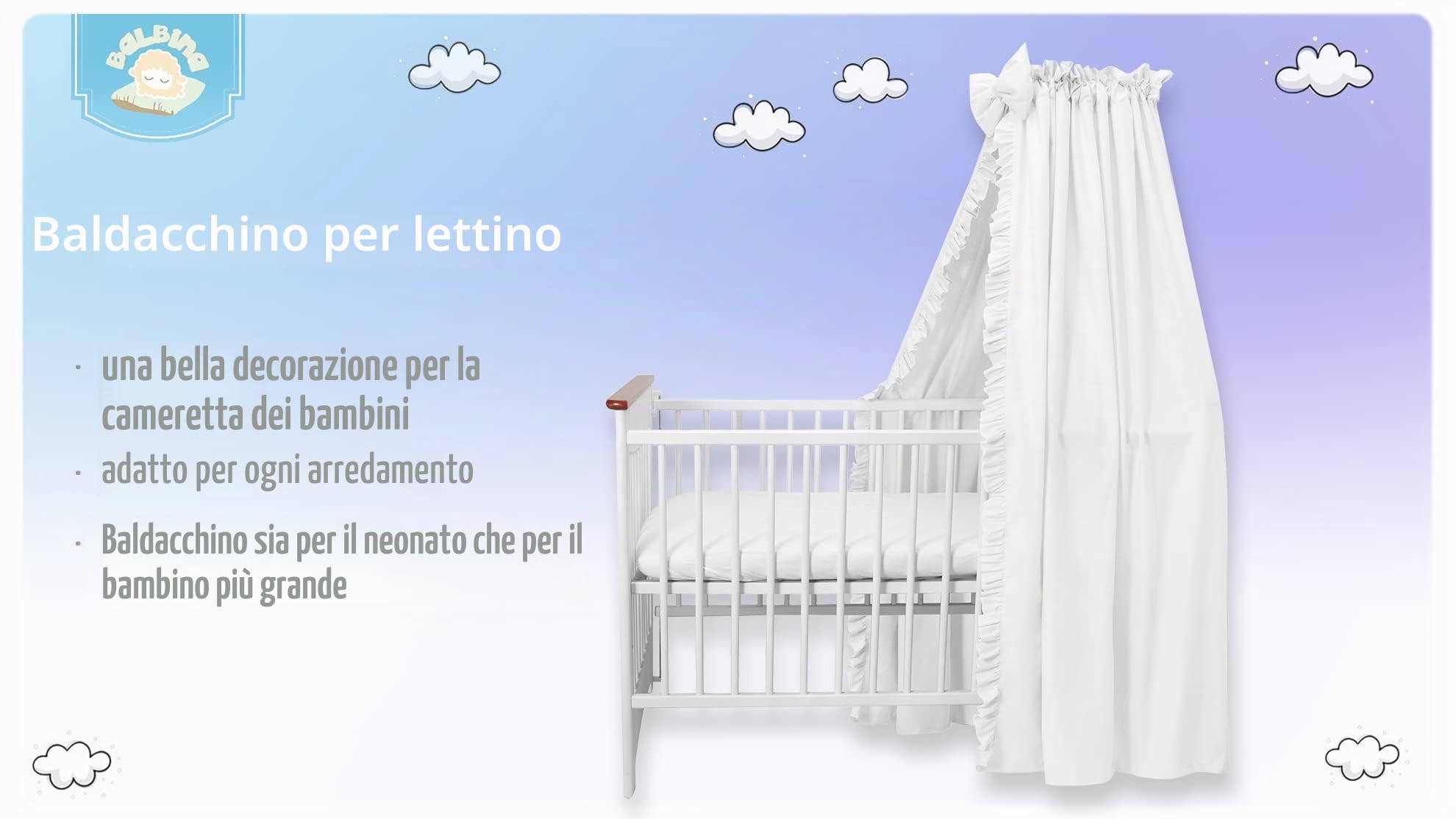 balbina Set decorativo per lettino, 100% cotone, baldacchino con volant e fiocco, zanzariera per cameretta dei bambini, tenda opaca senza asta per baldacchino, 240 x 165 cm, bianco