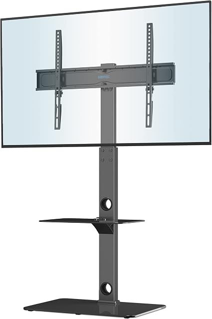 BONTEC Universal Floor TV Stand for 30-70 inch LED OLED LCD Plasma Flat Curved Screens, Height Adjustable Tall TV Stand with 2-Tier Tempered Glass Shelves up to 40KG, Max VESA 600x400mm