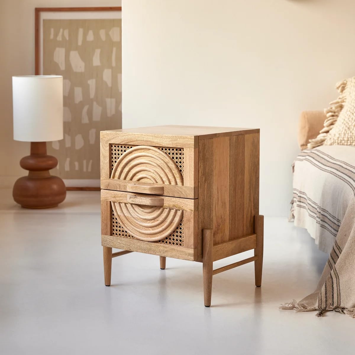 Osho Rattan Solid Wood Bedside Table for Bedroom | Cane Spiral Carving Nightstand for Living Room | Mango Wood Natural Finish |