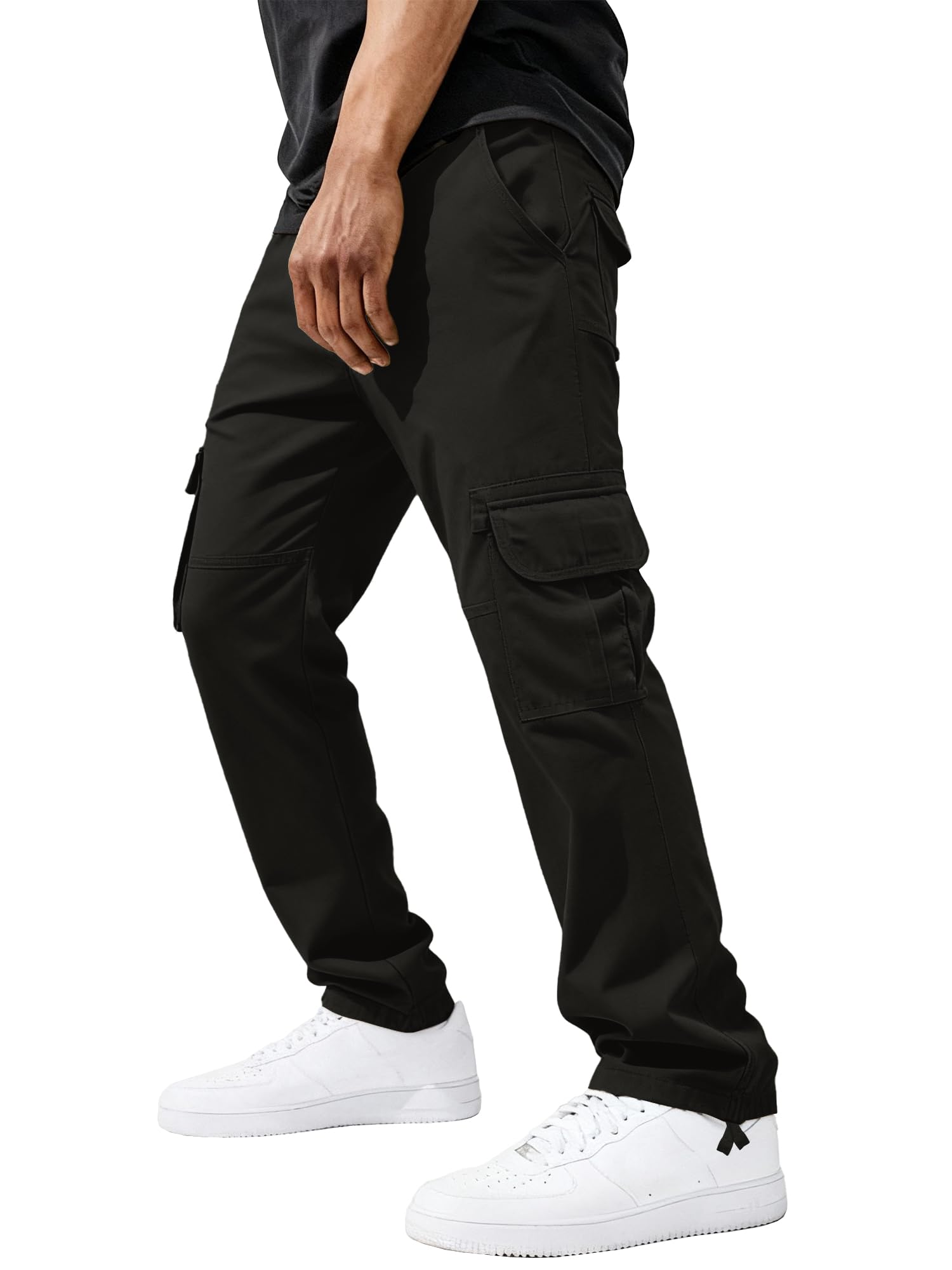 PLEPAN Mens Casual Cargo Pants Relaxed Fit Stretch Joggers Elastic Waist Hiking Pants with 6 Pockets for Streetwear