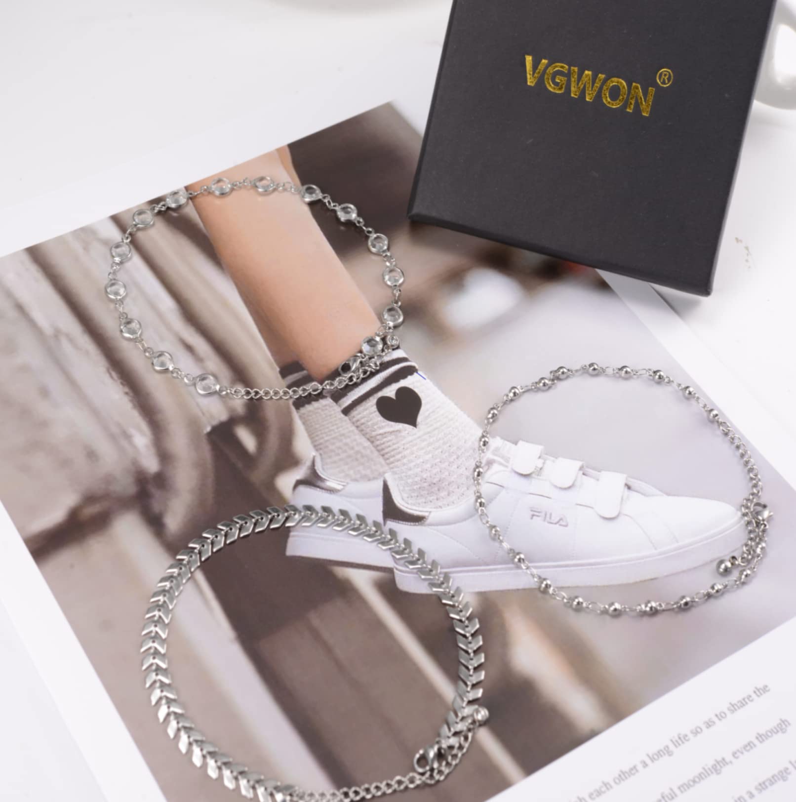 VGWON Cavigliera da Donna in Argento in Acciaio Inossidabile, Cavigliera Placcata in Oro 14K, Set di Cavigliere con Zirconi al Quarzo da Tennis con Perline D'Argento