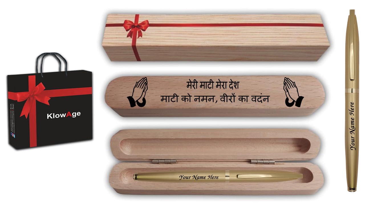 KlowAge Saint Gold Ball Pen with Engraved Your Name on Pen and Wooden Engraving Meri Mitti Mera Desh Gift Box and Bag | customised Pen | Personalized Pen
