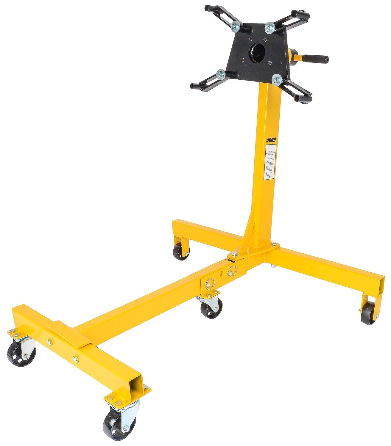 JEGS Folding Engine Stand | Yellow Finish | 1250 LBS Capacity | 360 Degree Adjustable Mounting Head | 5 Ball-Bearing Swivel Caster Wheels | Heavy-Duty Square Steel Frame