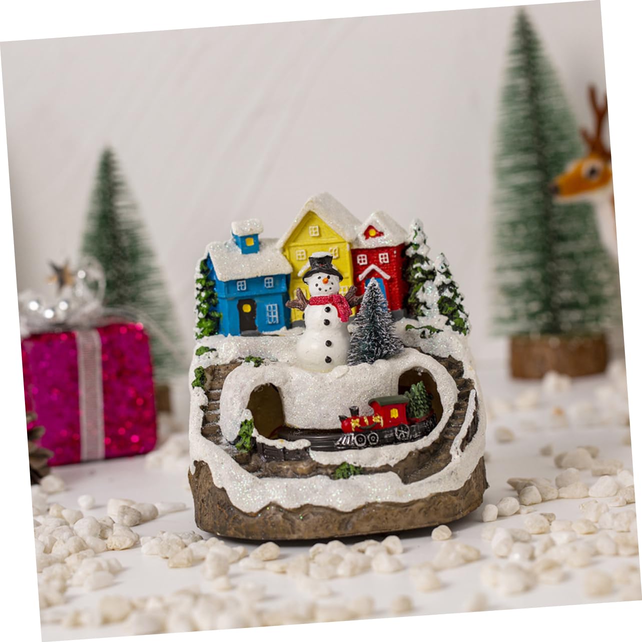 Casa Navideña Luminoso con Música y Tren Figuras Decorativas para Mesa Invierno Navidad